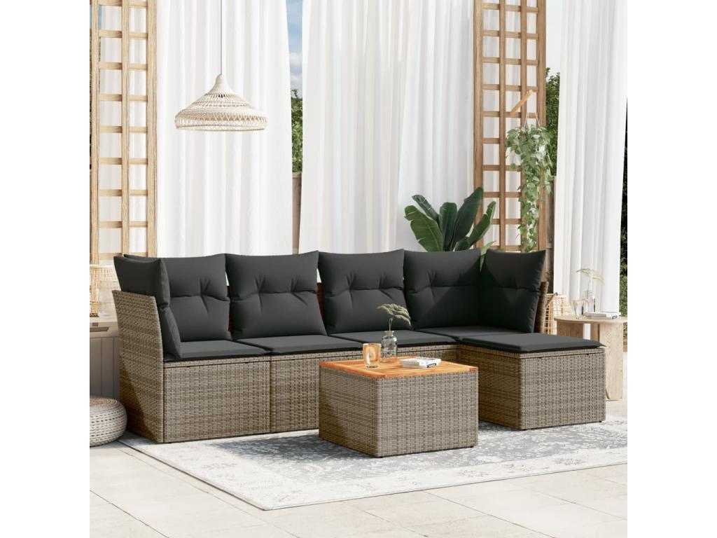 6-piece garden furniture set with grey resin wicker cushions 74471CBMU