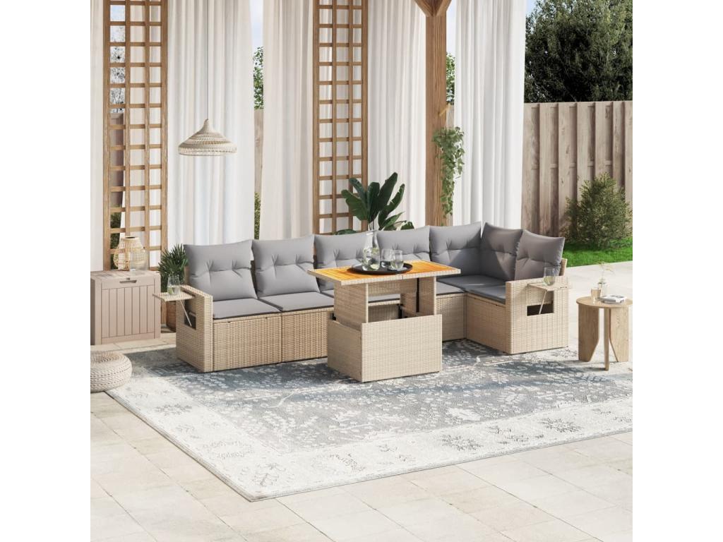 7-piece garden furniture set with cushions, beige woven resin, 16305GJSE