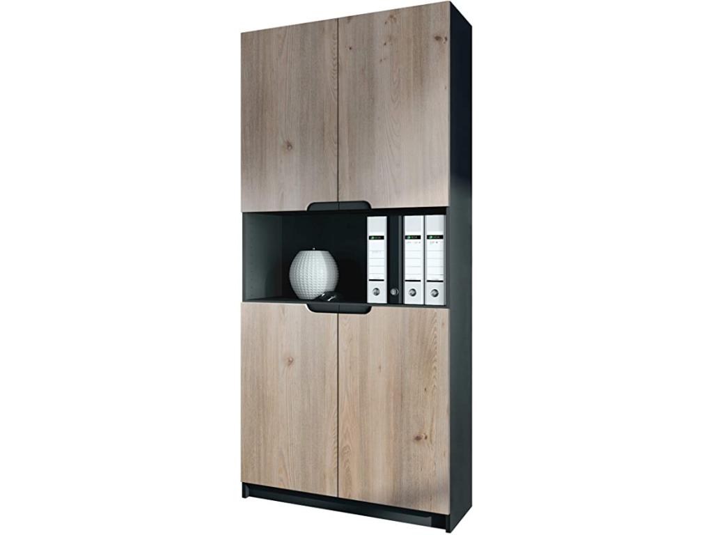 Storage cabinet with 5 compartments and 4 doors, matte black/Nordic oak, 82x184x37 cm, 22997ULDS