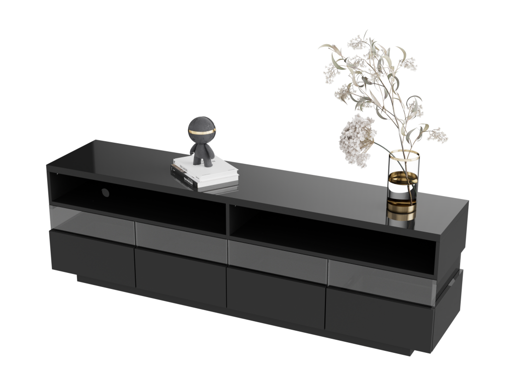 High-gloss TV stand with 4 drawers and 2 compartments - 173.5x55x38 cm - LEDs - Particleboard - Black 34373YSKY