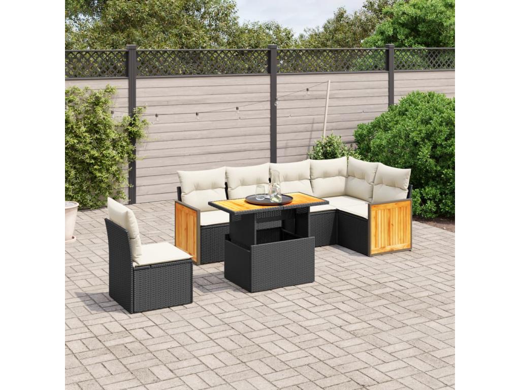 7-piece garden furniture set with cushions, black woven resin, 45131CIDZ