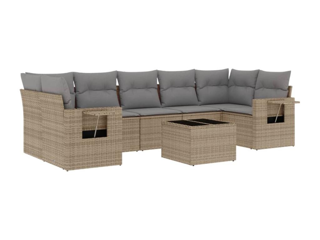 8-piece garden furniture set with cushions, beige woven resin, 86461TIUN