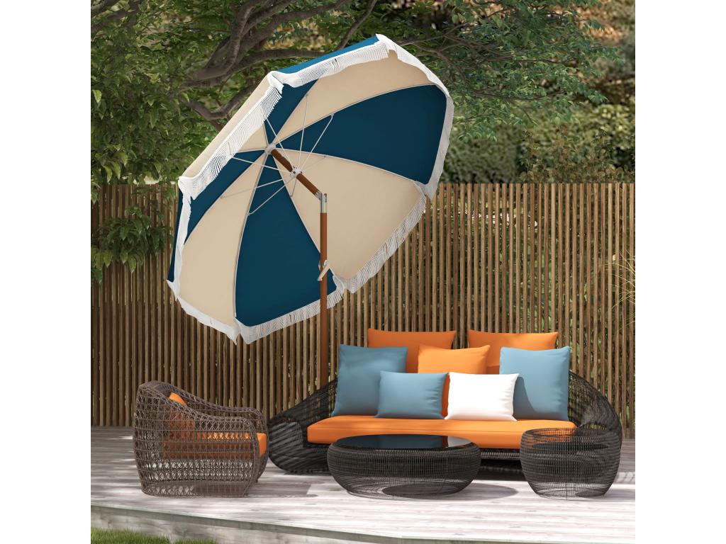 213cm Vintage Style Tiltable Garden Parasol with Blue Beige Fringe 70726YBLM