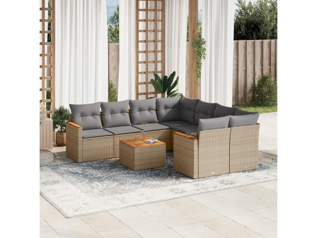 9-piece garden furniture set with cushions, beige woven resin, 13061ISVY