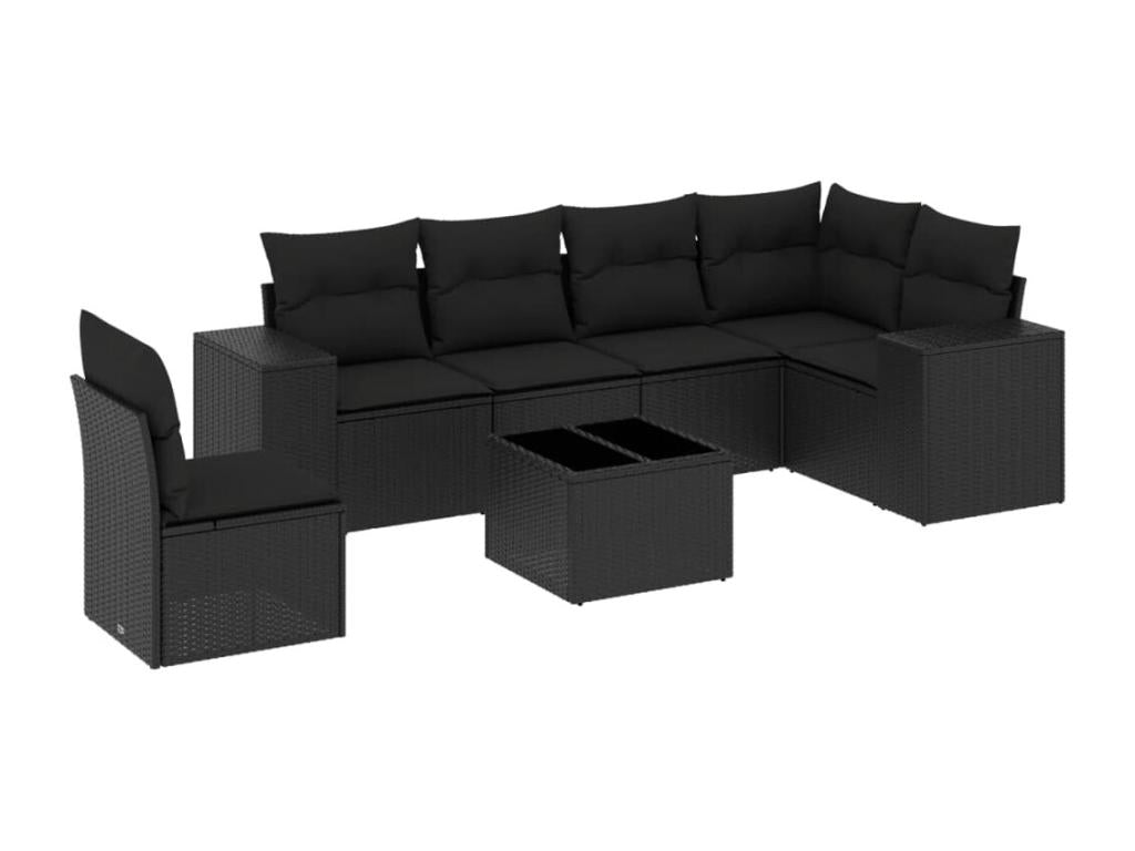 7-piece garden furniture set with cushions, black woven resin, 17202OXPY