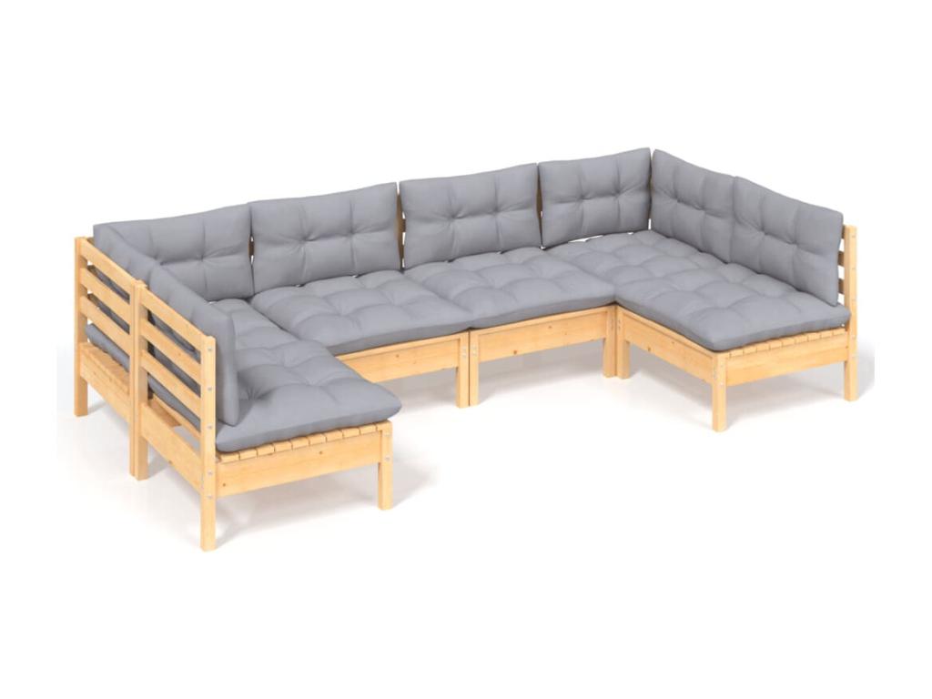 6-piece garden furniture set with grey cushions, solid pine wood 92377SUGZ