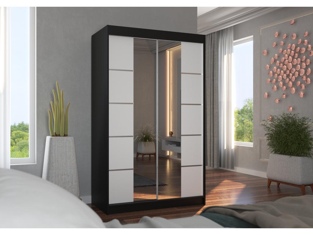 Small designer bedroom wardrobe with 2 sliding doors, black and white, with mirror, Calmetop, 120cm, 22317AZNY