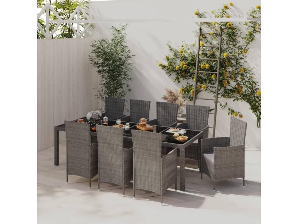9-piece outdoor dining set with cushions, woven resin, grey, 89324BWYB