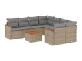 9-piece garden furniture set with cushions, beige woven resin, 13061ISVY