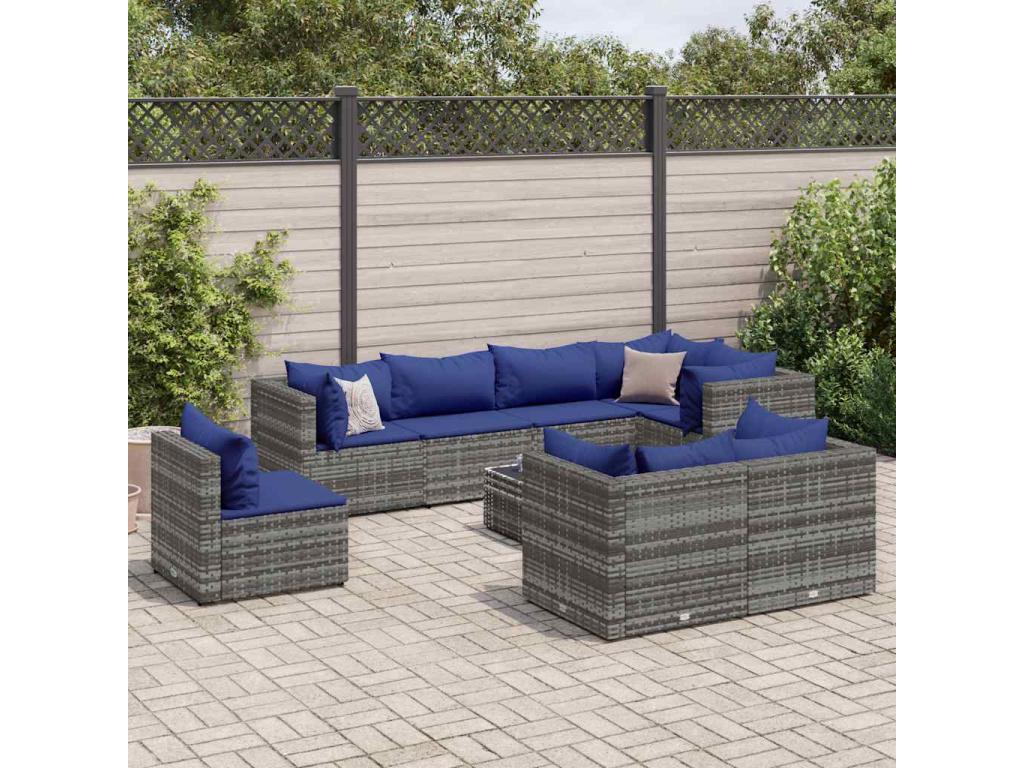 9-piece garden furniture set with cushions, grey wicker resin, 10568AIWC
