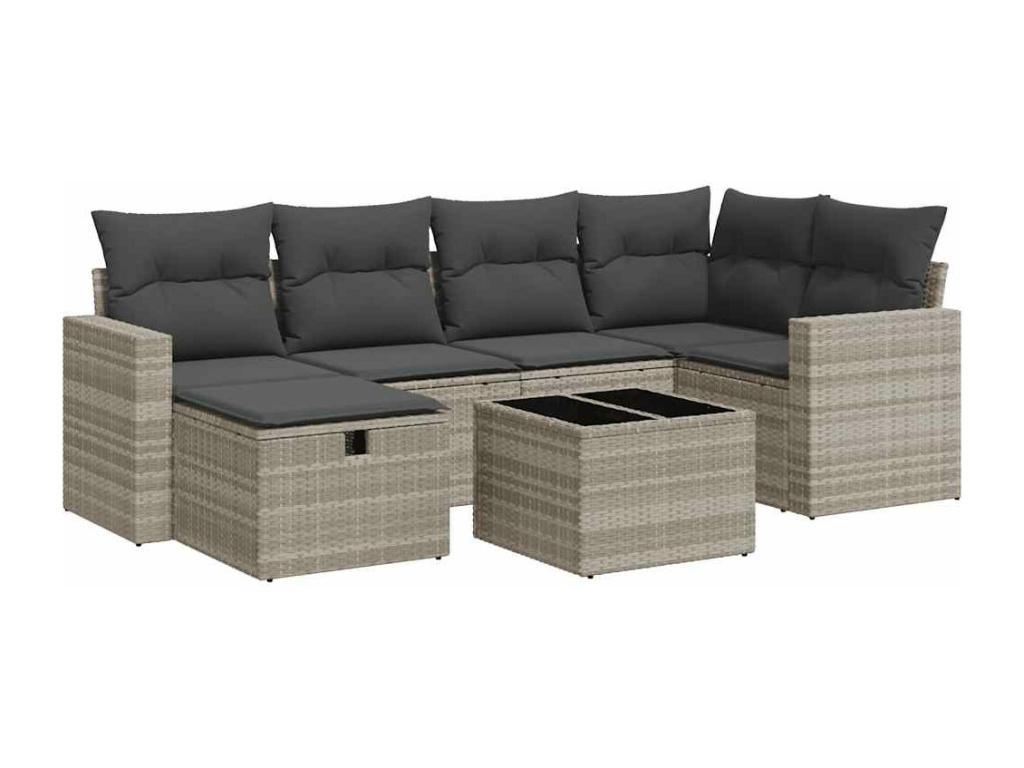 Garden furniture set with cushions, 7 pieces, light grey woven resin, 58871RNOS
