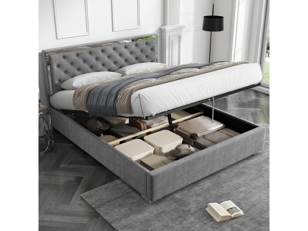 160x200 cm Storage Bed with Headboard - Velvet - Stainless Steel Legs - Calmetop Slatted Base - Grey (Mattress Not Included) 19712GYZM