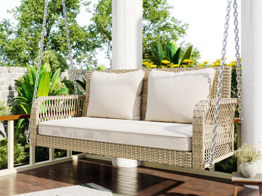 Hanging chair in woven resin - Garden swing - 2-seater - with cushions - Beige 73839SWGH