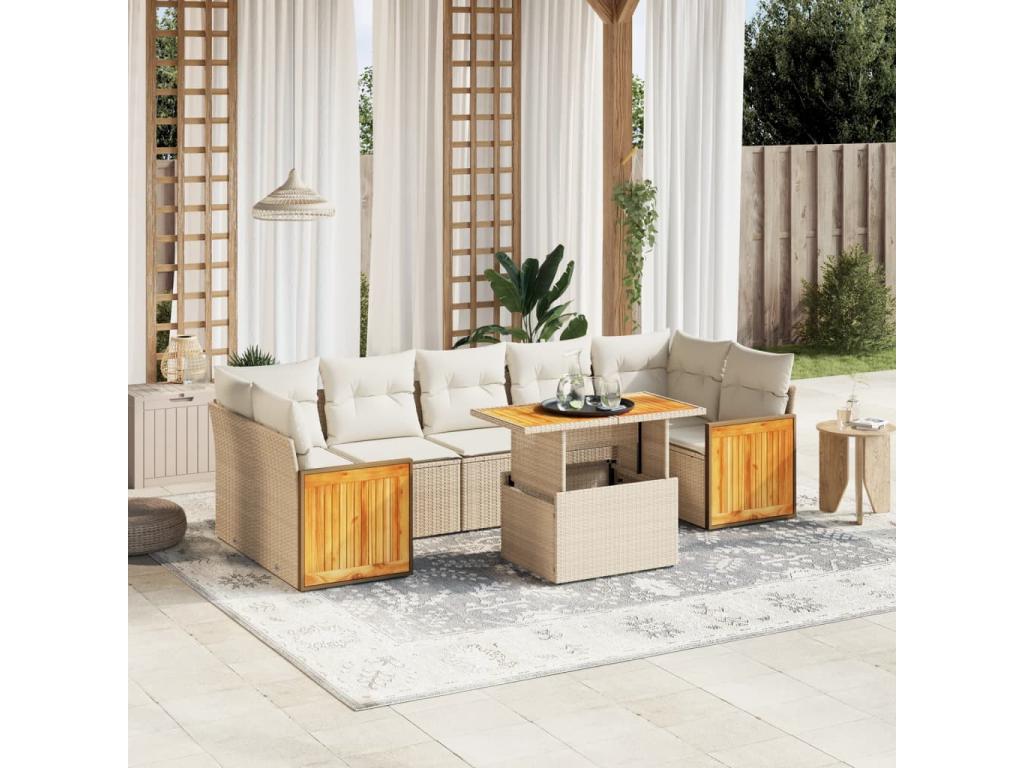 8-piece garden furniture set with cushions, beige wicker resin, 64041BGYW