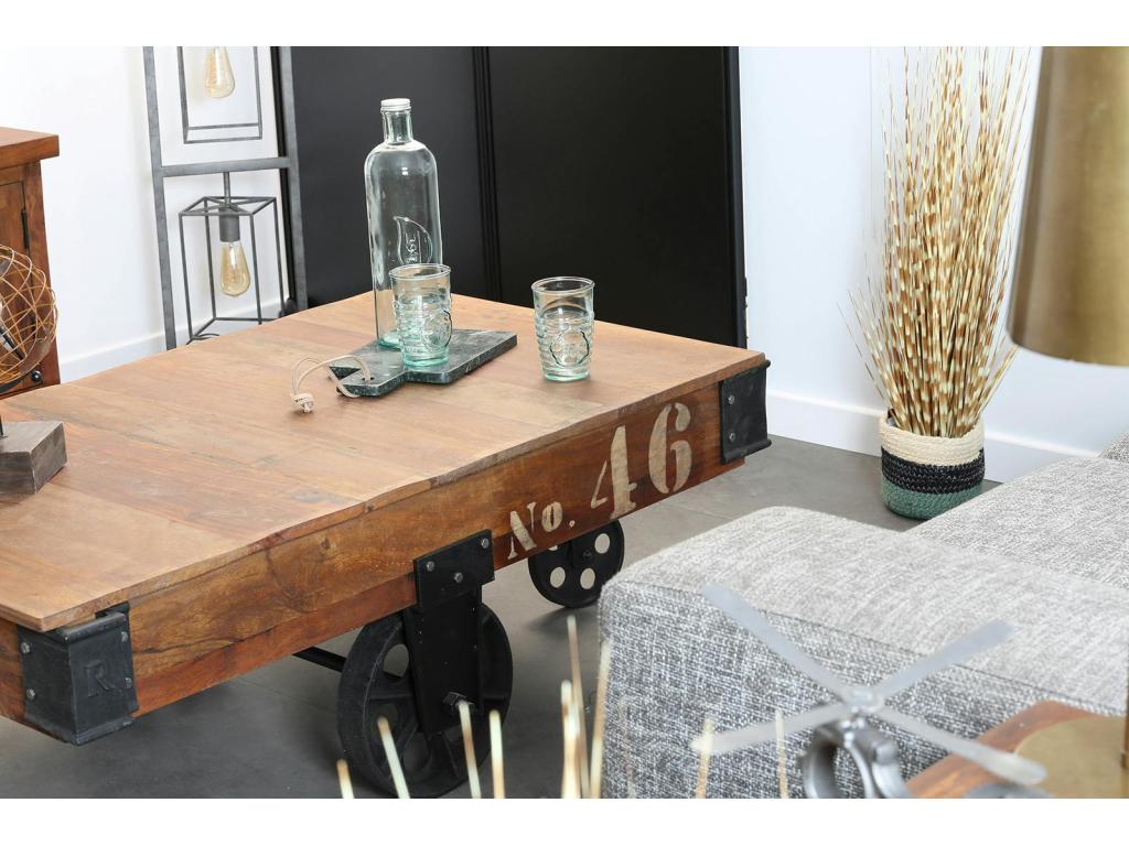 Vintage industrial coffee table made from recycled wood with wheels, Calmetop 19412DCKS