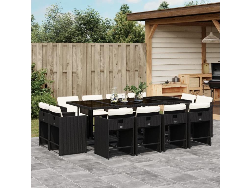 13-piece garden dining set with cushions, black resin wicker, 47495CRJG