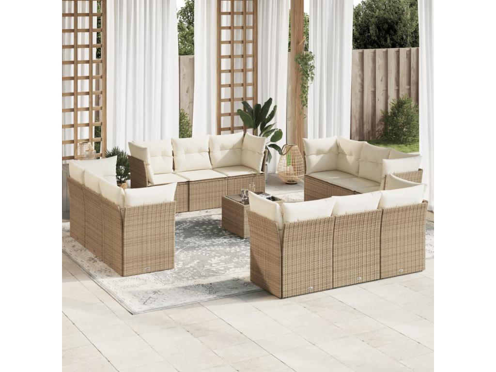 13-piece garden furniture set with cushions, beige wicker resin, 50122YGSK