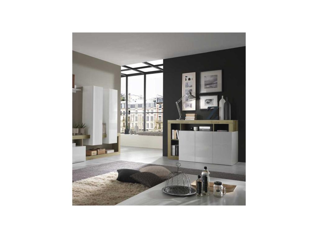 3-Door Buffet, High Gloss White Lacquer/Natural Oak - Nidchicshop 30381JJNH