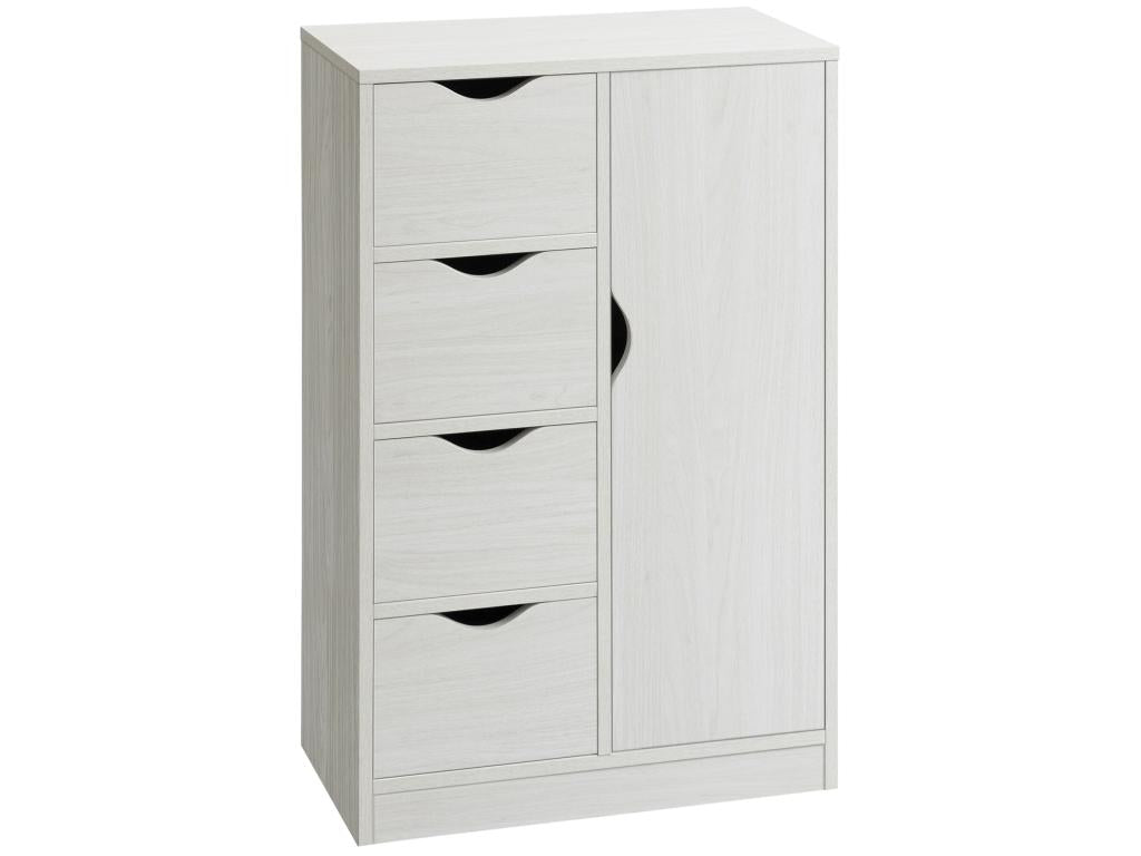 Modern storage unit with 1 door and 4 drawers - white particleboard with wood grain finish 07954TDQL