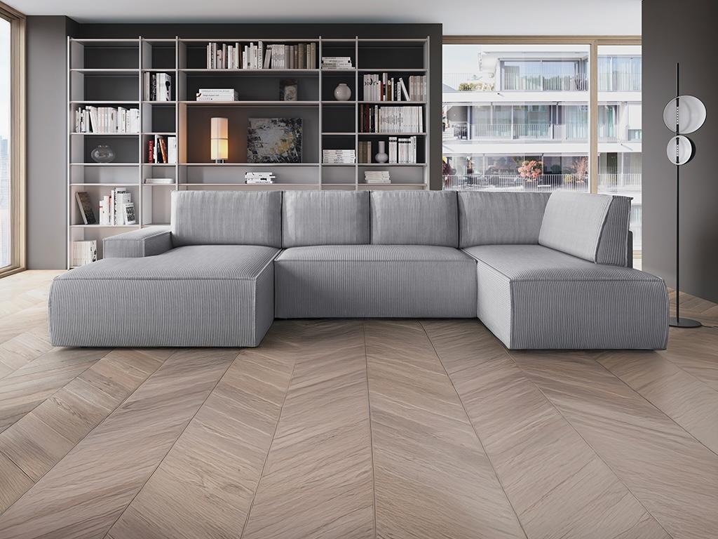 Large left-hand corner panoramic convertible sofa in light grey corduroy Nidchicshop 78632PVCT