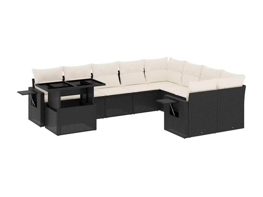10-piece garden furniture set with cushions, black woven resin, 56877RZPV