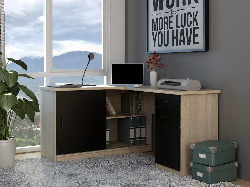 Nidchicshop Corner Desk - 2 Doors / 2 Drawers - Oak and Black 54298PLFI