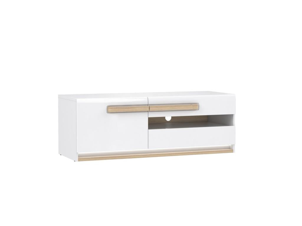 140cm TV stand with 1 door and 2 drawers, white and wood-effect finish, LED lighting - Nidchicshop 21119PCAL