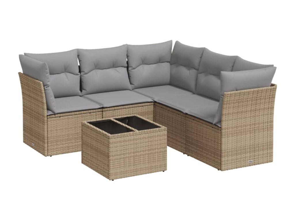 6-piece garden furniture set with cushions, beige woven resin, 88913SMLO