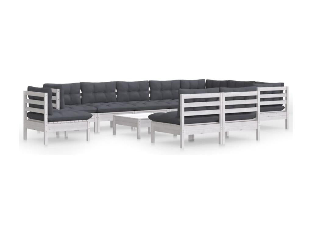 11-piece garden furniture set with cushions, white, solid pine wood, 70943BIKK