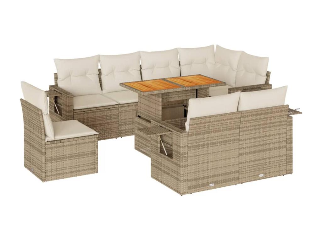 9-piece garden furniture set with cushions, beige woven resin, 28065OEMD