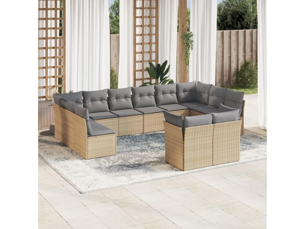 12-piece garden furniture set with cushions, beige woven resin, 50427COYJ
