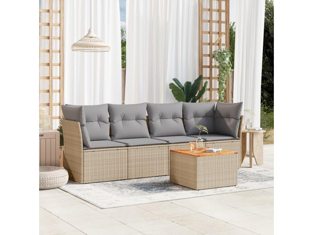 5-piece garden furniture set with cushions, beige woven resin, 34228YQVD