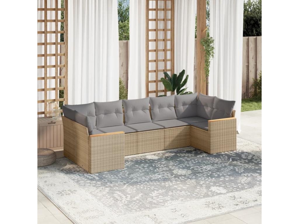 Bohometop 7-piece garden furniture set with cushions, beige woven resin, 12230MBCZ