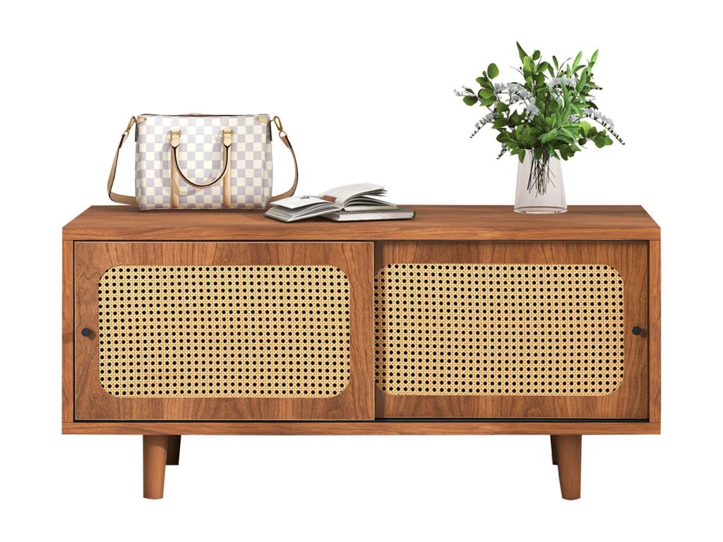 Rattan shoe cabinet with adjustable shelves, walnut finish, 104x40x48 cm, 27066NHFU