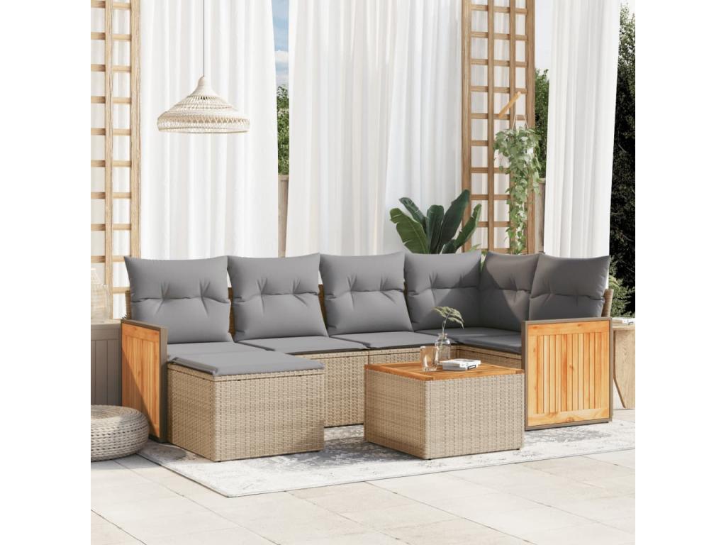 7-piece garden furniture set with cushions, beige woven resin 02054DVBM