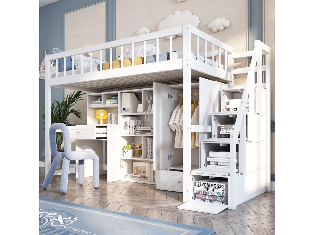 Loft bed 90x200 cm with desk, shelves and wardrobe - solid wood - white 75648CFYV