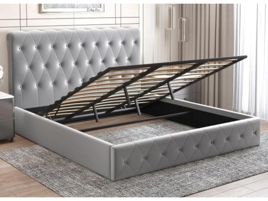 Nidchicshop Velvet Upholstered Storage Bed - Grey - 160x200 00434LTNZ