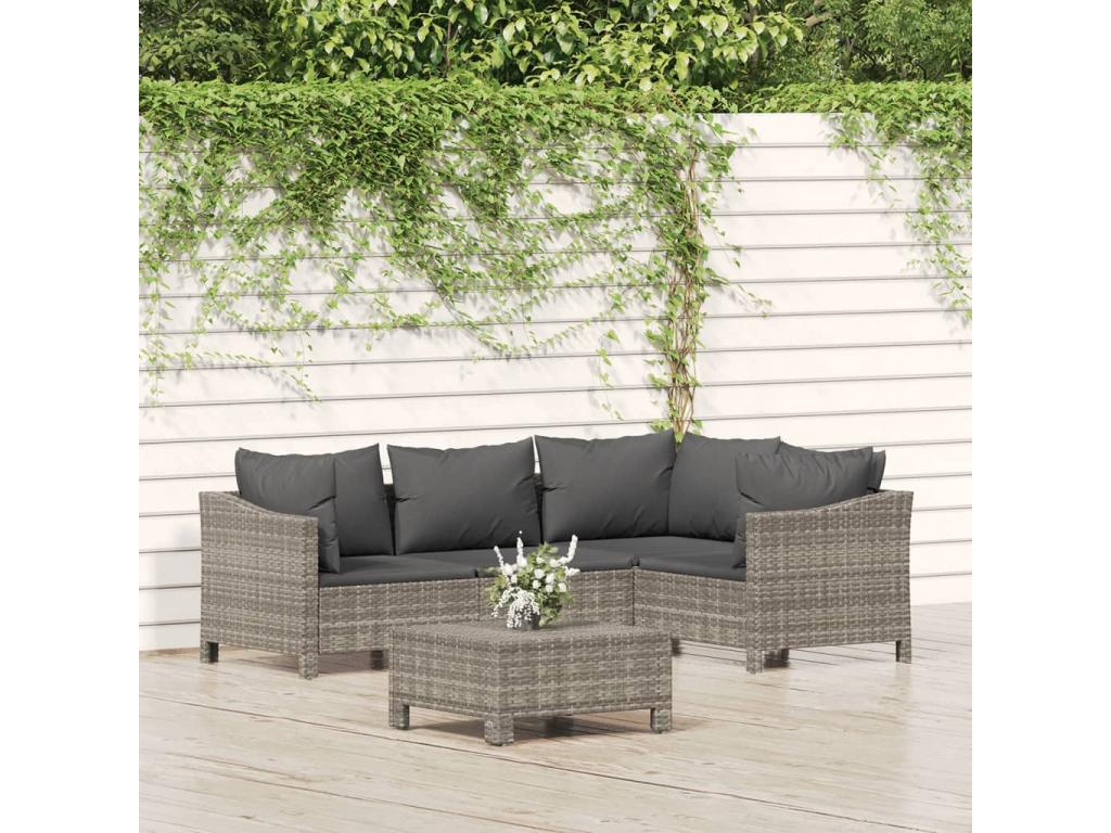 5-piece garden furniture set with cushions, grey woven resin, 45445HTSO
