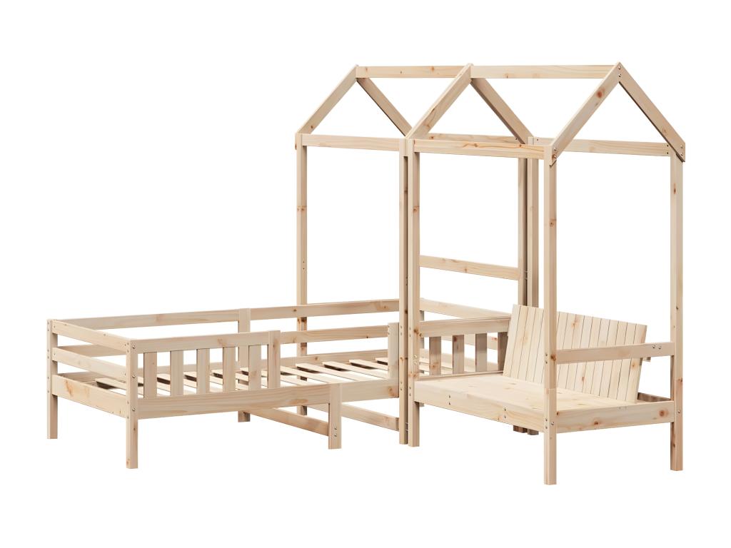 Bed and bench set with roof, 90x190 cm, solid pine wood, 80293RKWR