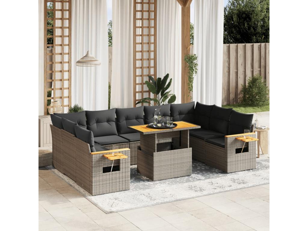 Garden furniture set with cushions, 10 pieces, grey woven resin, 22383SAWV