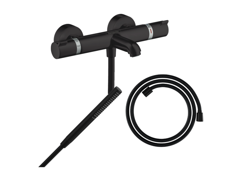 Calmetop Ecostat thermostatic bath/shower mixer pack, Calmetop flexible hose, Calmetop matte black shower head 50787SMZG