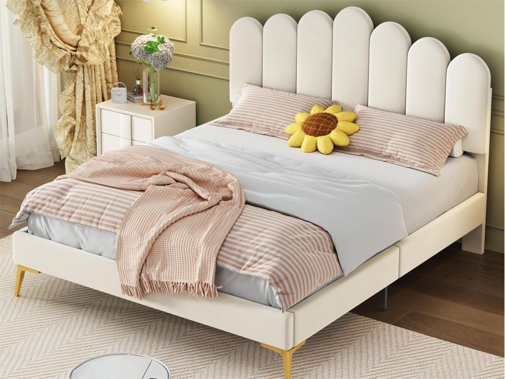 Upholstered velvet bed 140x200cm with slatted base at Nidchicshop - adjustable headboard - beige 77296EEKT