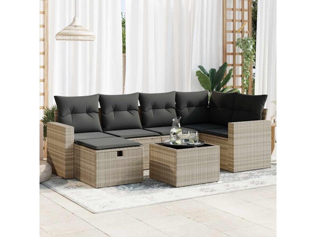 Garden furniture set with cushions, 7 pieces, light grey woven resin, 58871RNOS