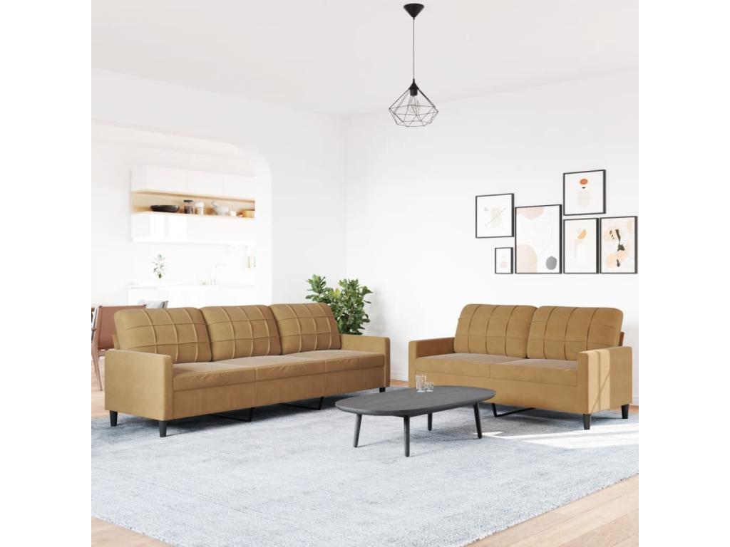 2-piece sofa set with cushions, brown velvet, 62747OVWK