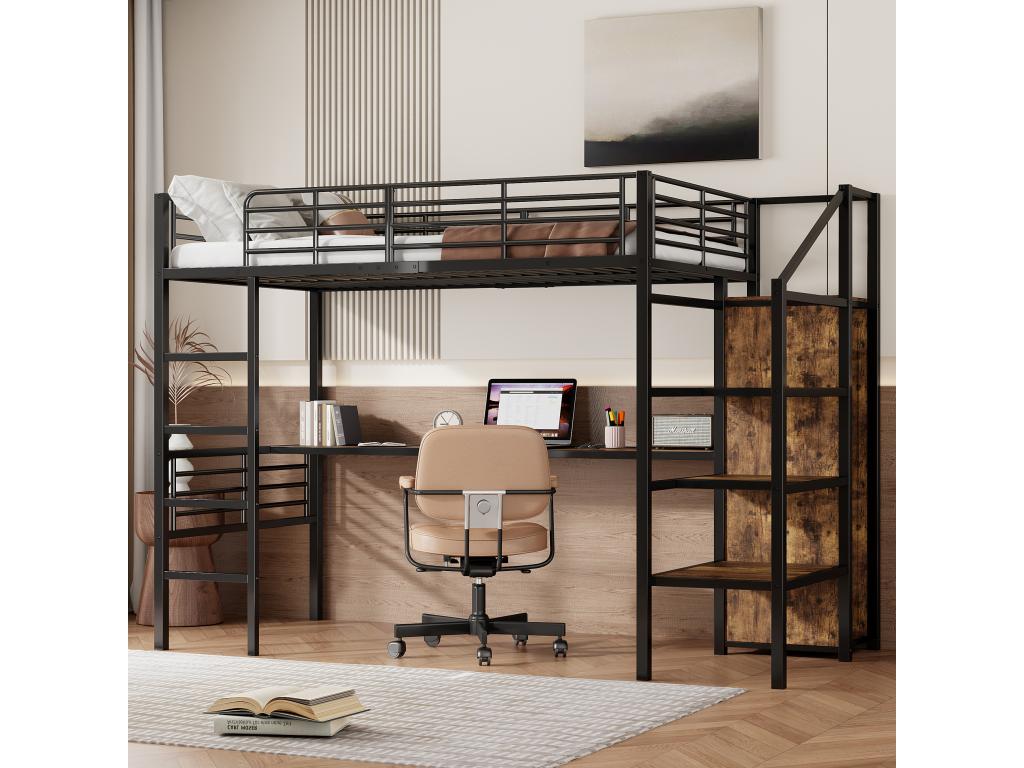 Single loft bed with desk, wood-effect finish, shelf and wardrobe, 90x200cm, mattress not included, Calmetop 54582BJOM