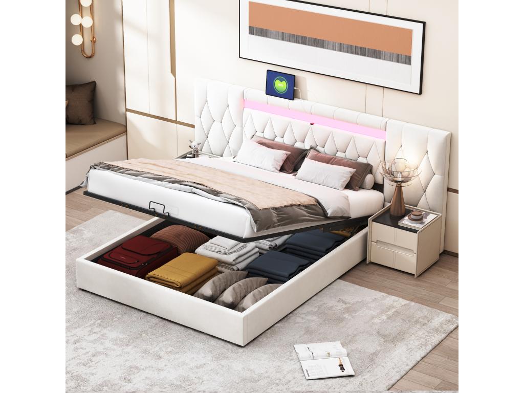 160x200 cm storage bed with large headboard - upholstered in velvet - LEDs and USB port - Beige 04125SIUN