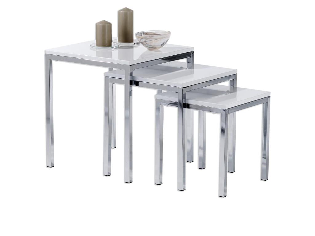 Set of 3 Nidchicshop side tables, nesting coffee tables, end tables, glossy white square top and chrome metal frame 36530DYVA