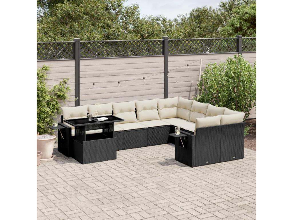10-piece garden furniture set with cushions, black woven resin, 56877RZPV