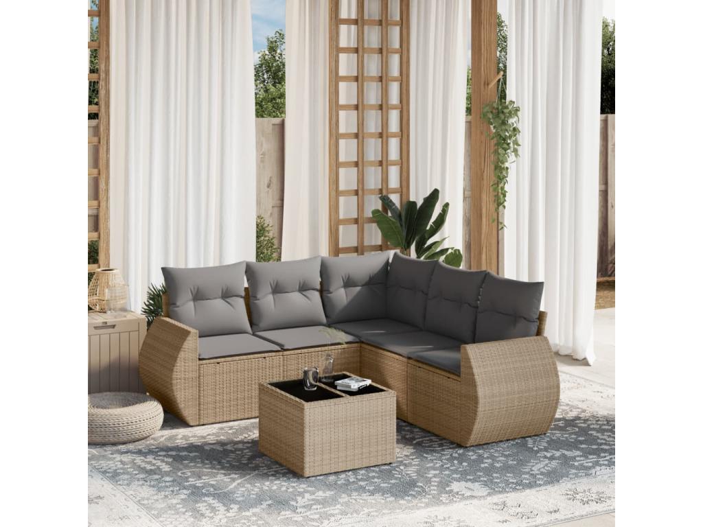 6-piece garden furniture set with cushions, beige wicker resin, 72248AMAC