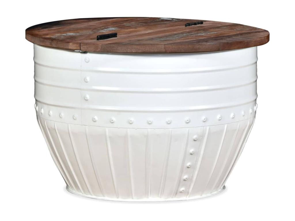 Coffee table, solid reclaimed wood, white, barrel shape, 94738MCMD